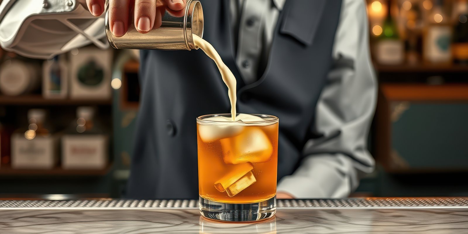 Bartender skillfully pours a cocktail into a glass at a lively bar during late evening hours
